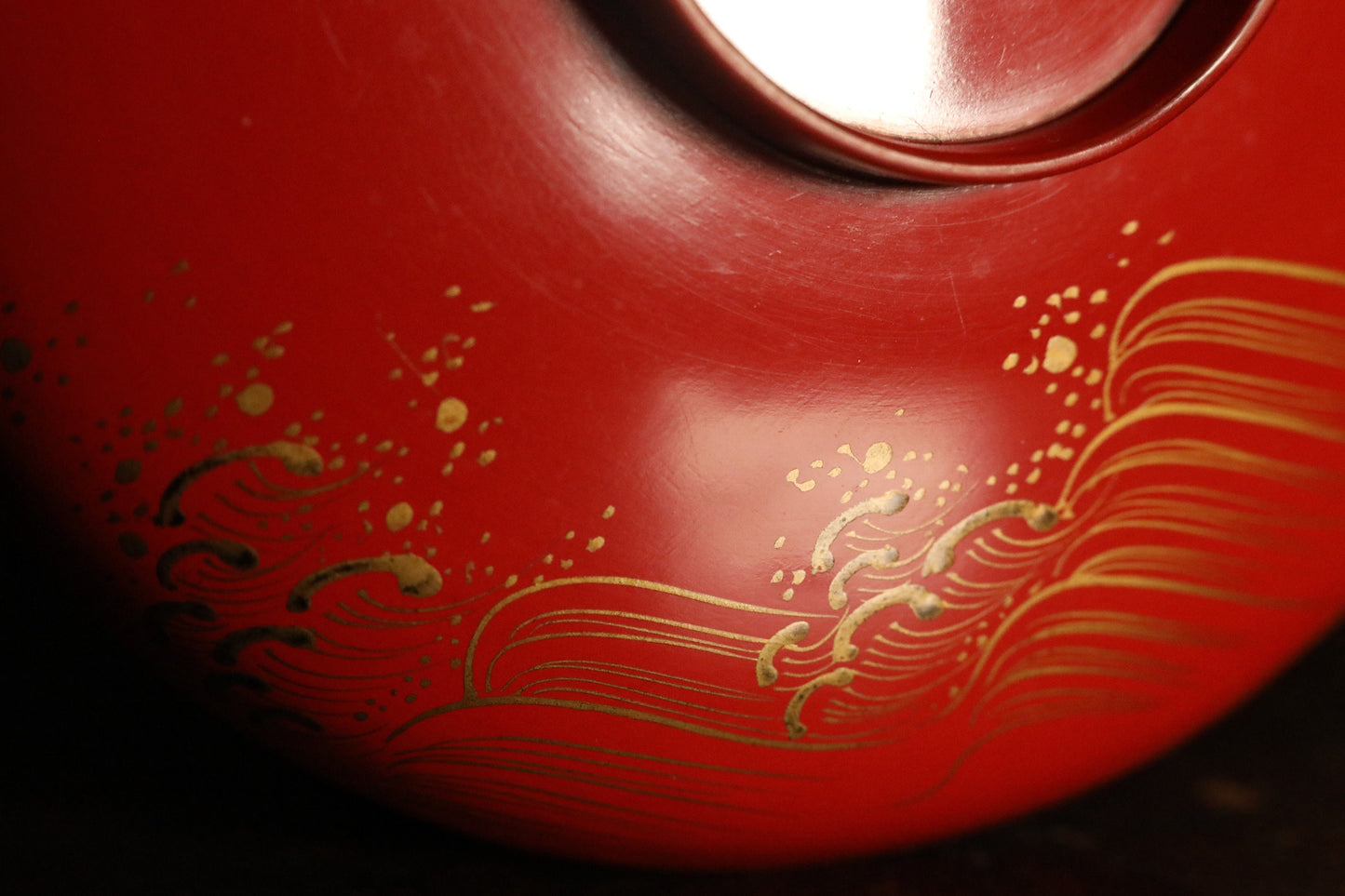 FINE! Set of 3 red gold lacquer MAKIE wooden sake cups with bards crane and turtles, Japanese Antique 1916s sakazuki urushi 4.9in/12.5cm