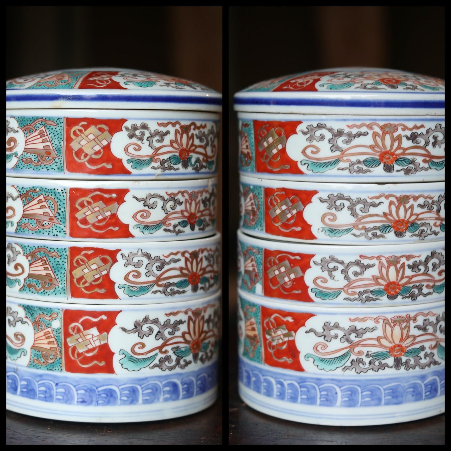 Japanese Antique container KOIMARI Porcelain Jūbako red flower decoration Stacking ceramic Bento Box Meiji 1910s H8.3in/21cm four-tiered