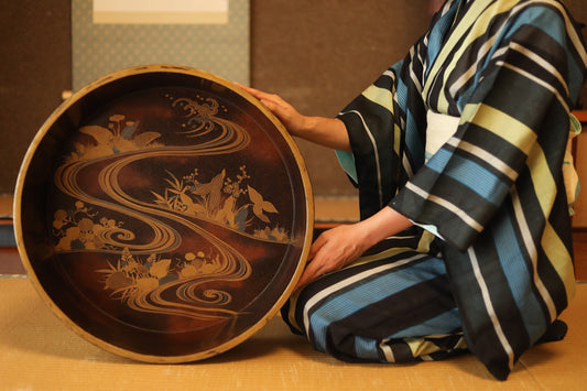 RARE! Japanese antique furniture lacquer gold MAKIE large wooden tub, with river and flower plants painting Edo 1800s H20.4in/51.7cm