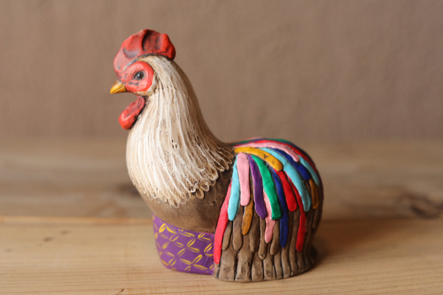 Japanese vintage Peacock bird doll TORI made of pottery hand made animal ornament Kanji Signature, Chinese zodiac H5.3×4.6in/13.5×11.7cm
