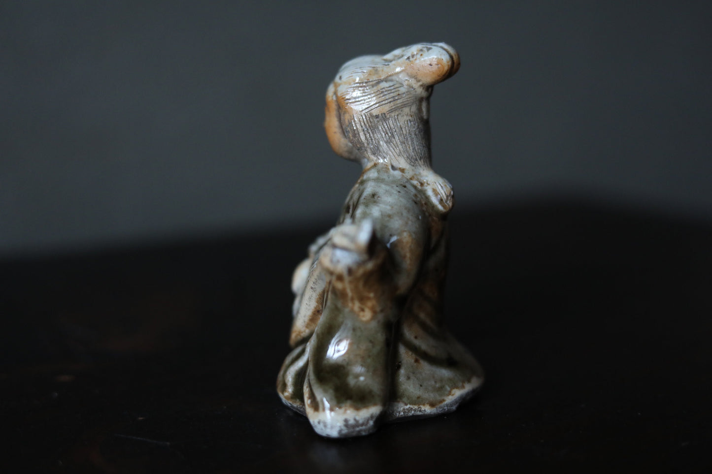 Japanese Antique ceramic doll small Figurine of Japanese lucky god 弁天benten ,Kimono Woman playing the biwa lute 1880s H4.1×3.7in/10.5×9.5cm