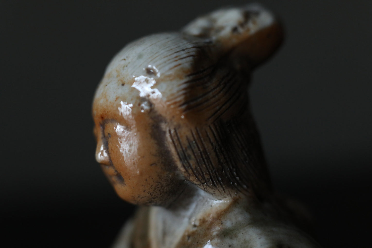 Japanese Antique ceramic doll small Figurine of Japanese lucky god 弁天benten ,Kimono Woman playing the biwa lute 1880s H4.1×3.7in/10.5×9.5cm