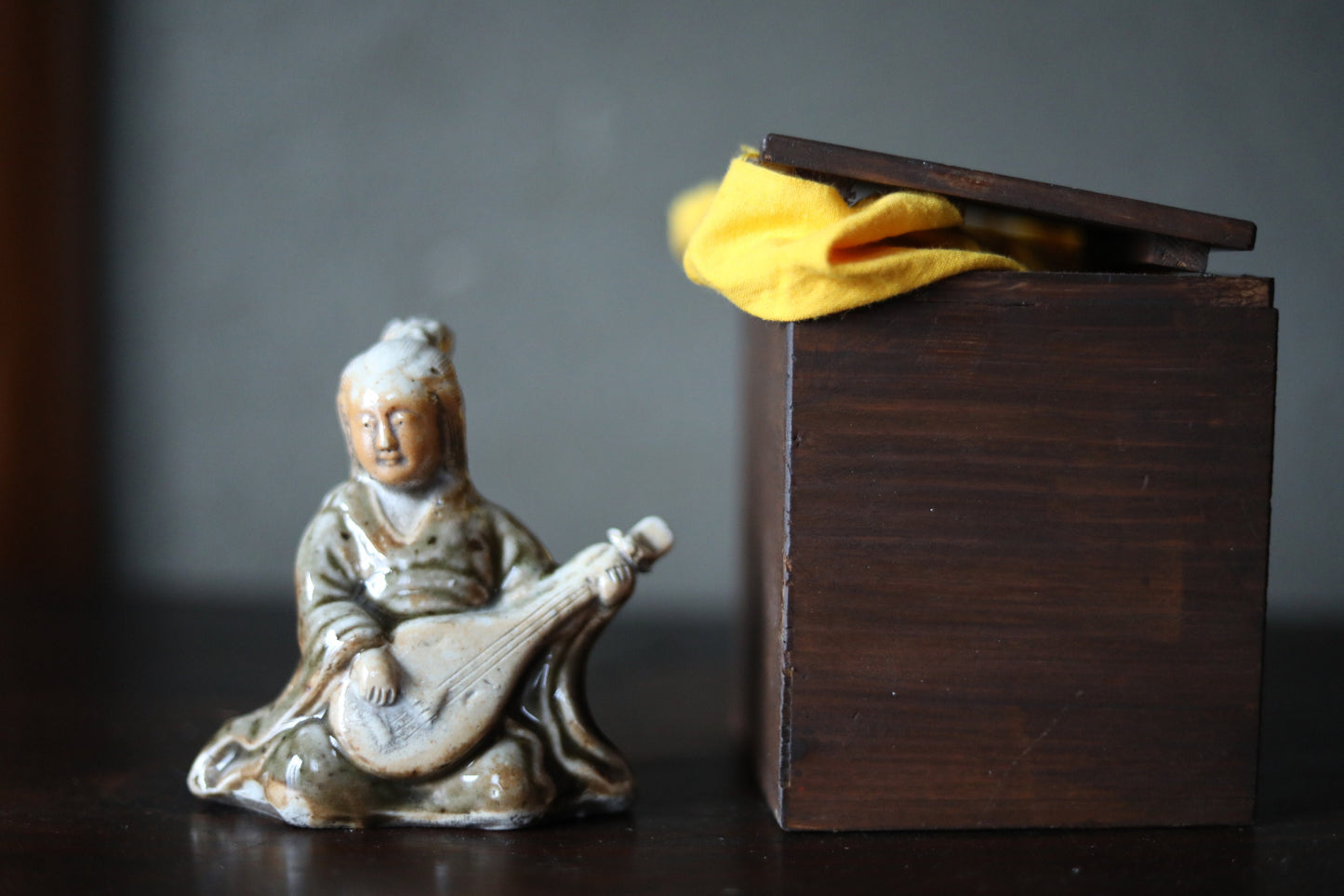 Japanese Antique ceramic doll small Figurine of Japanese lucky god 弁天benten ,Kimono Woman playing the biwa lute 1880s H4.1×3.7in/10.5×9.5cm