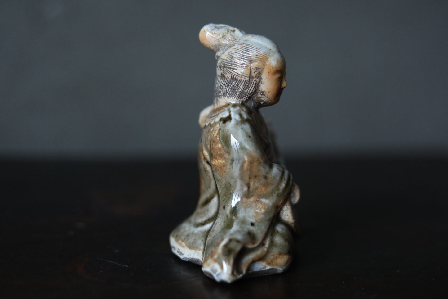 Japanese Antique ceramic doll small Figurine of Japanese lucky god 弁天benten ,Kimono Woman playing the biwa lute 1880s H4.1×3.7in/10.5×9.5cm