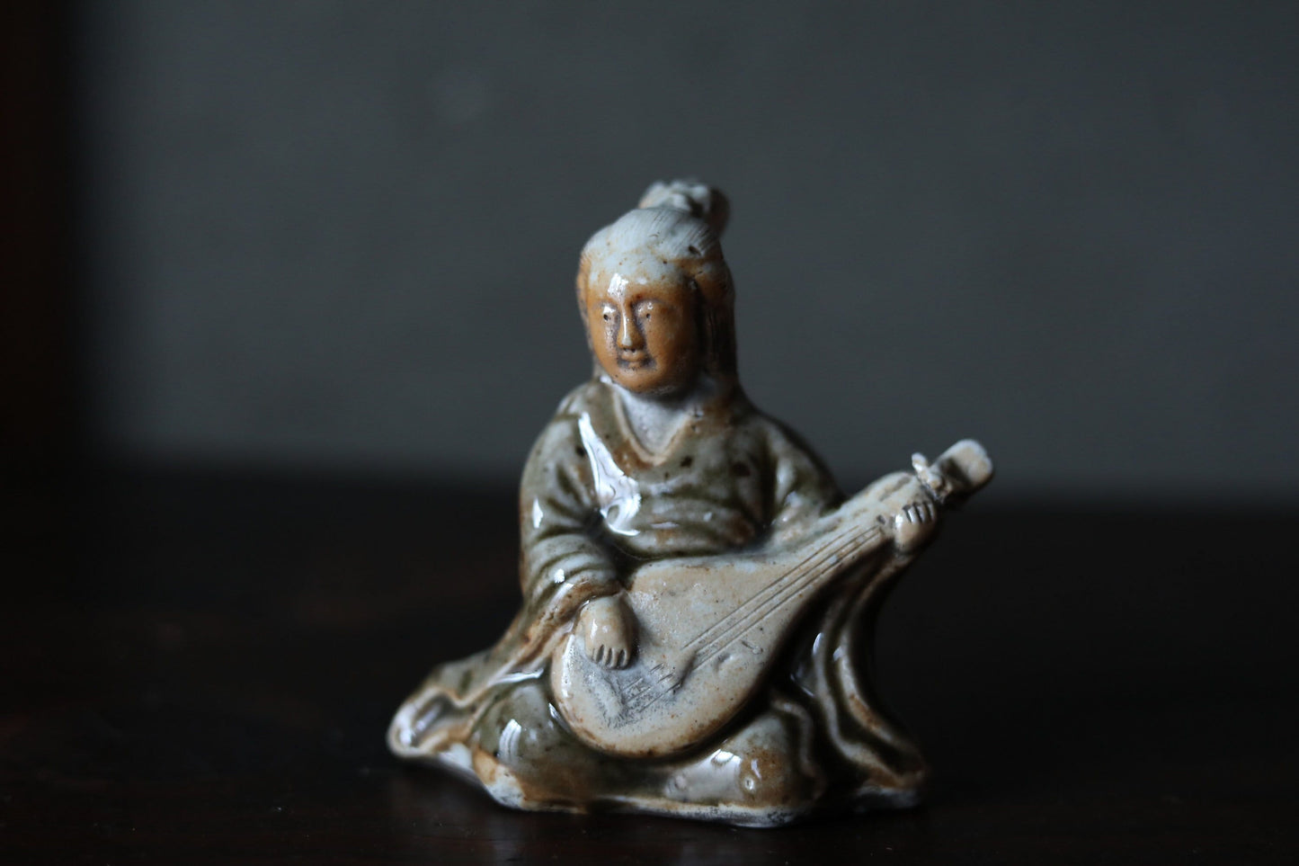 Japanese Antique ceramic doll small Figurine of Japanese lucky god 弁天benten ,Kimono Woman playing the biwa lute 1880s H4.1×3.7in/10.5×9.5cm