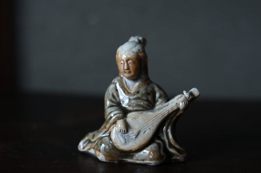 Japanese Antique ceramic doll small Figurine of Japanese lucky god 弁天benten ,Kimono Woman playing the biwa lute 1880s H4.1×3.7in/10.5×9.5cm