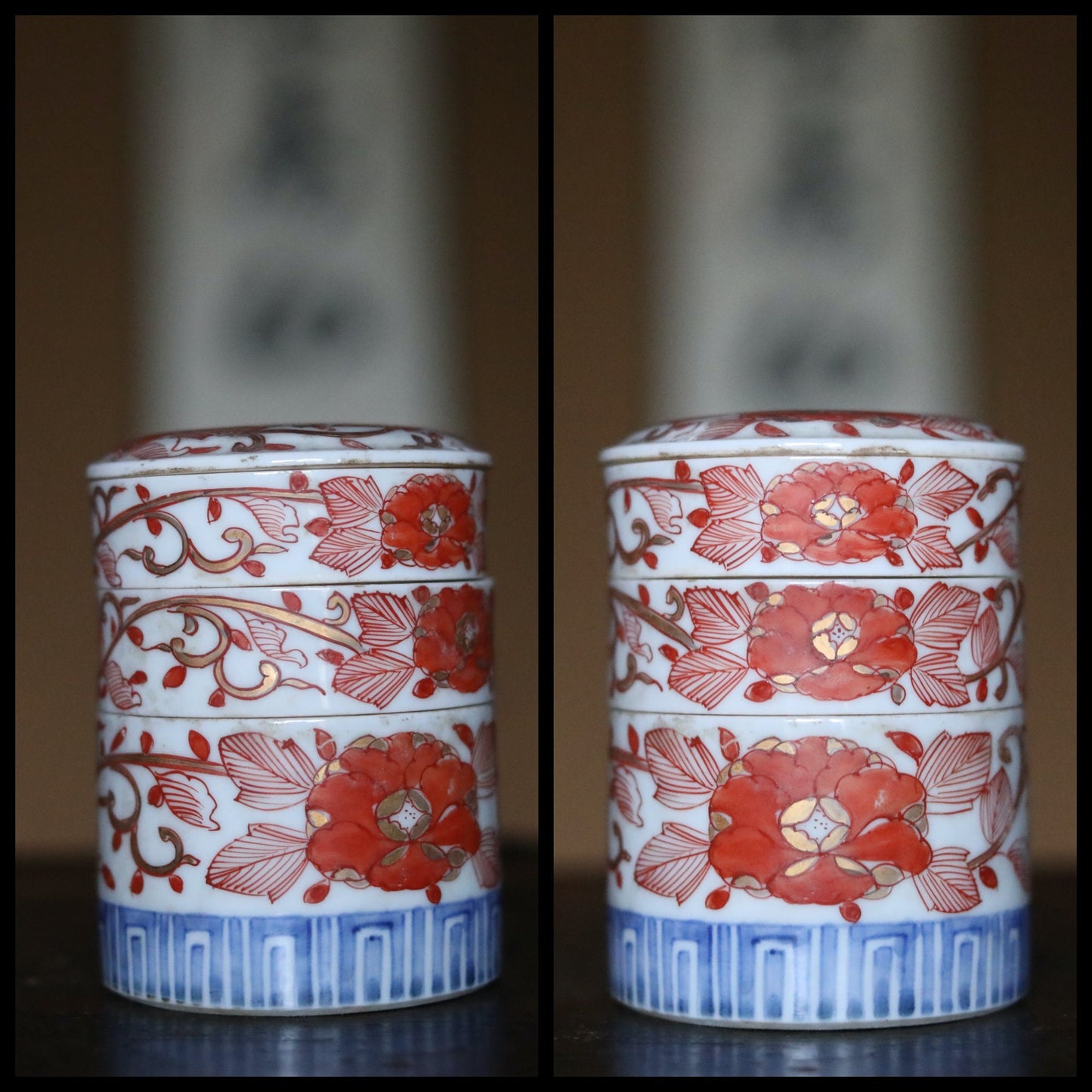 Japanese Antique Box Jūbako Imari Porcelain with flower hand painting Stacking ceramic jewelry Box Japanese furniture 1880s H4.3in/11cm
