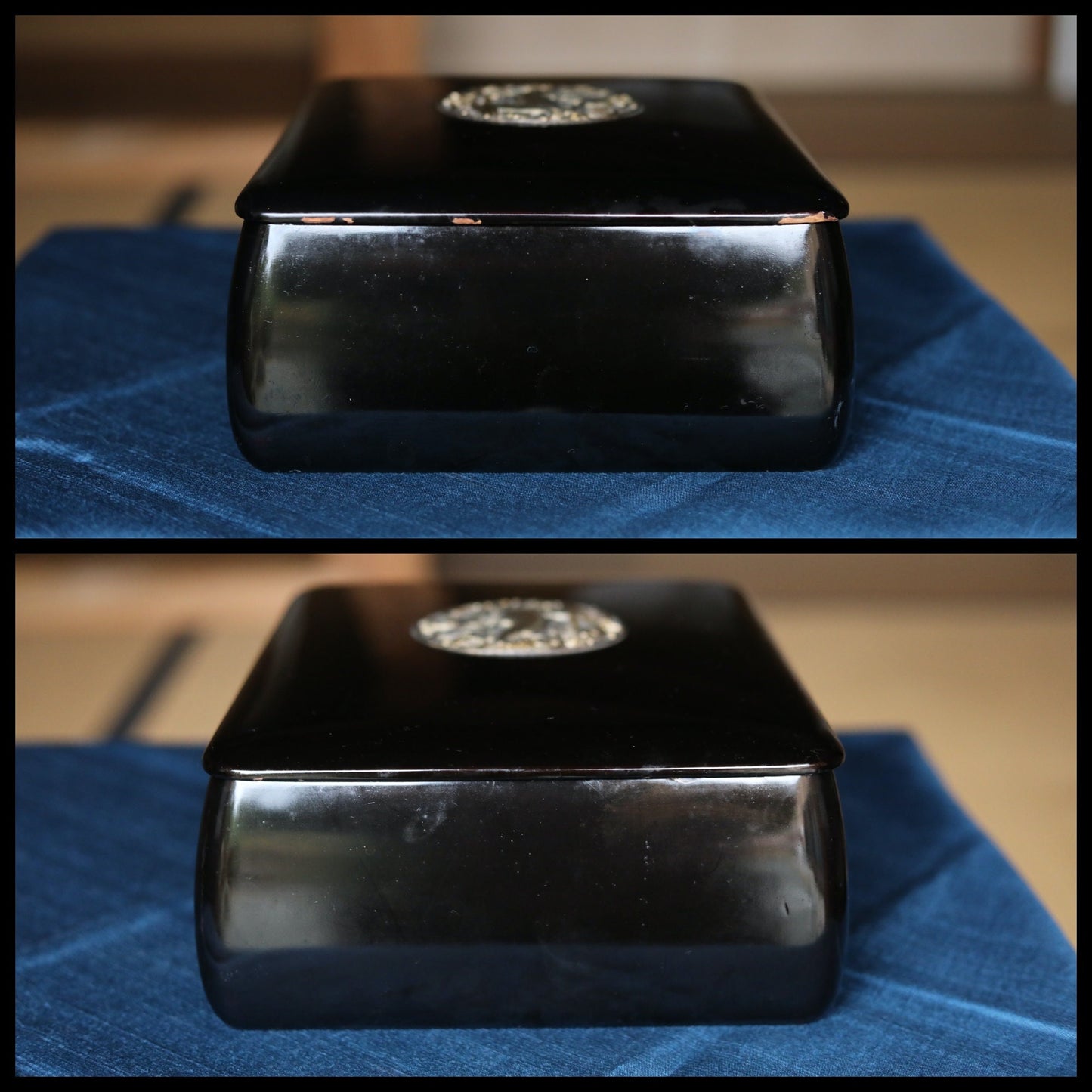 Japanese Makie Black Lacquer wooden box for letter container with a brass emblem of a goat and  grapes from Aesop's fables, W10.8×D8.7in