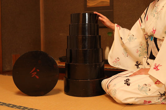 Japanese vintage stackable black lacquered wood round boxes with Kanji,"Kiridame" multi purpose 6 nesting boxes storage container L W12.9in