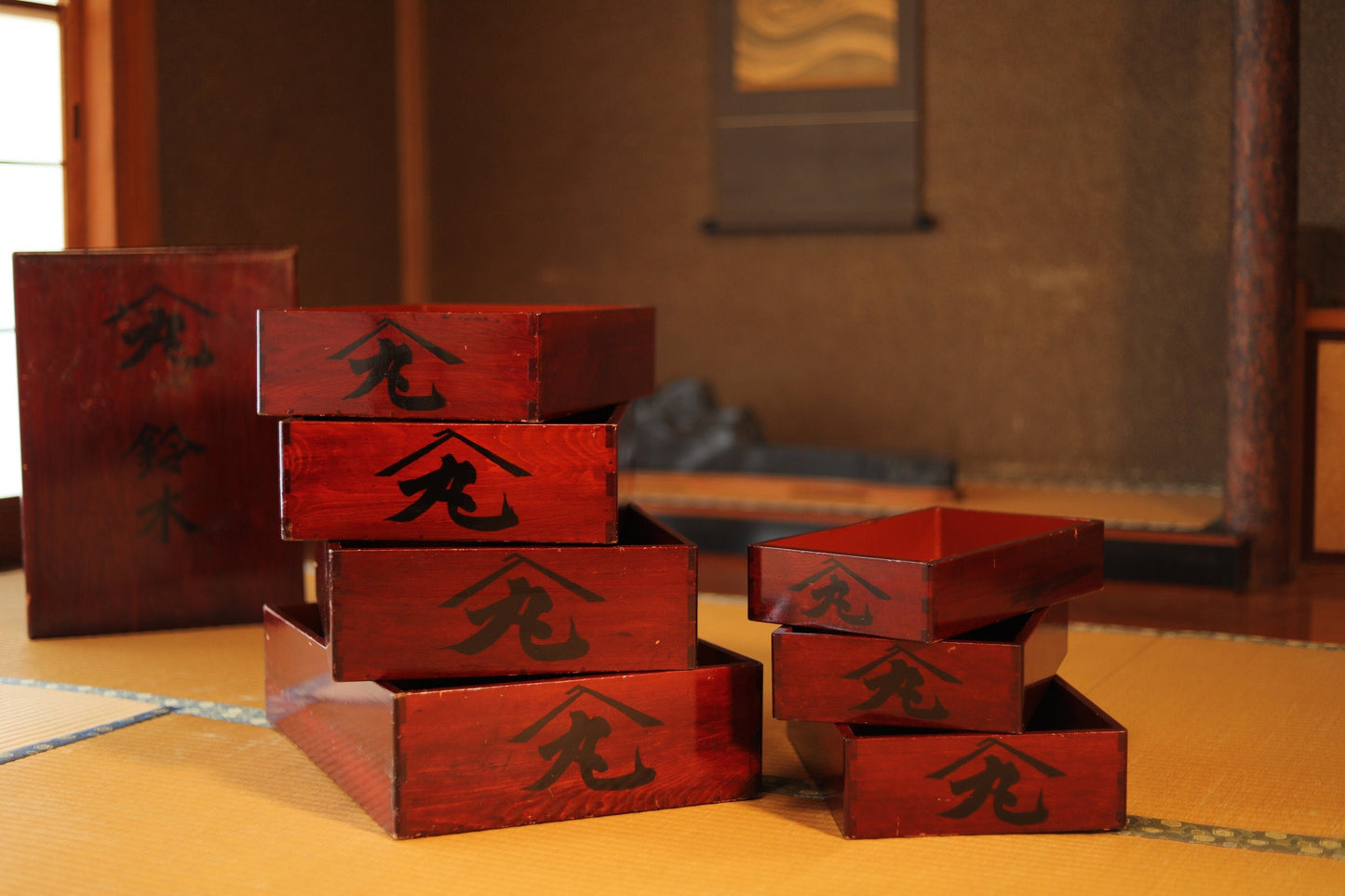 Japanese vintage stackable lacquered wood boxes with Kanji,"Kiridame" multi purpose 7 nesting boxes Furniture L H4.9xW19.1in S H2.6xW7.7in