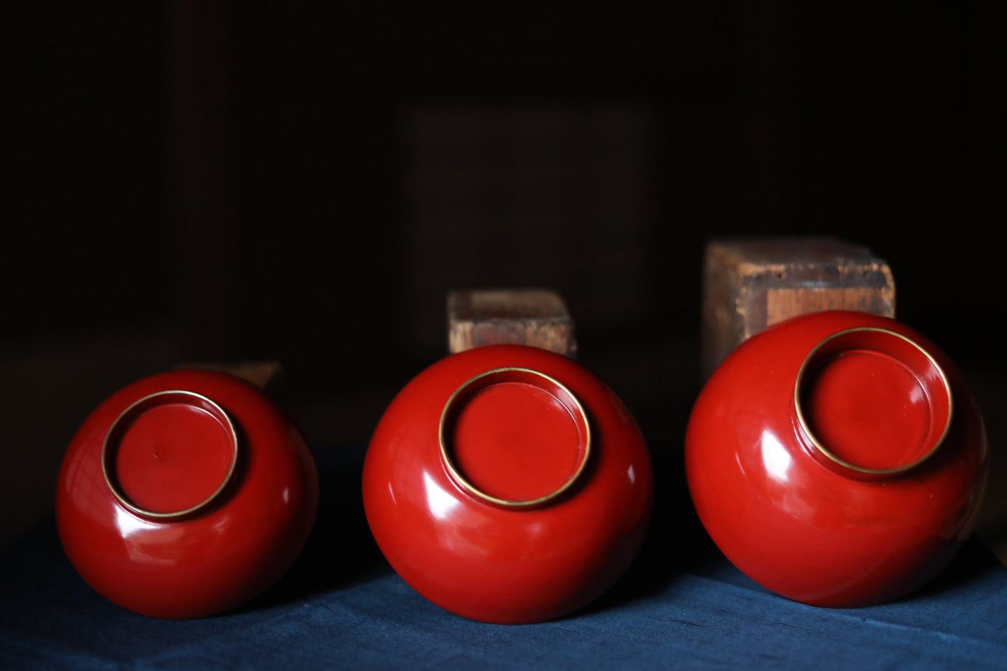 Japanese Antique urushi Red lacquer wooden nesting three bowls with Kanji 寿(congratulations) Gold, wood craft 1920s "SAKAZUKI" 5.3in/13.5cm
