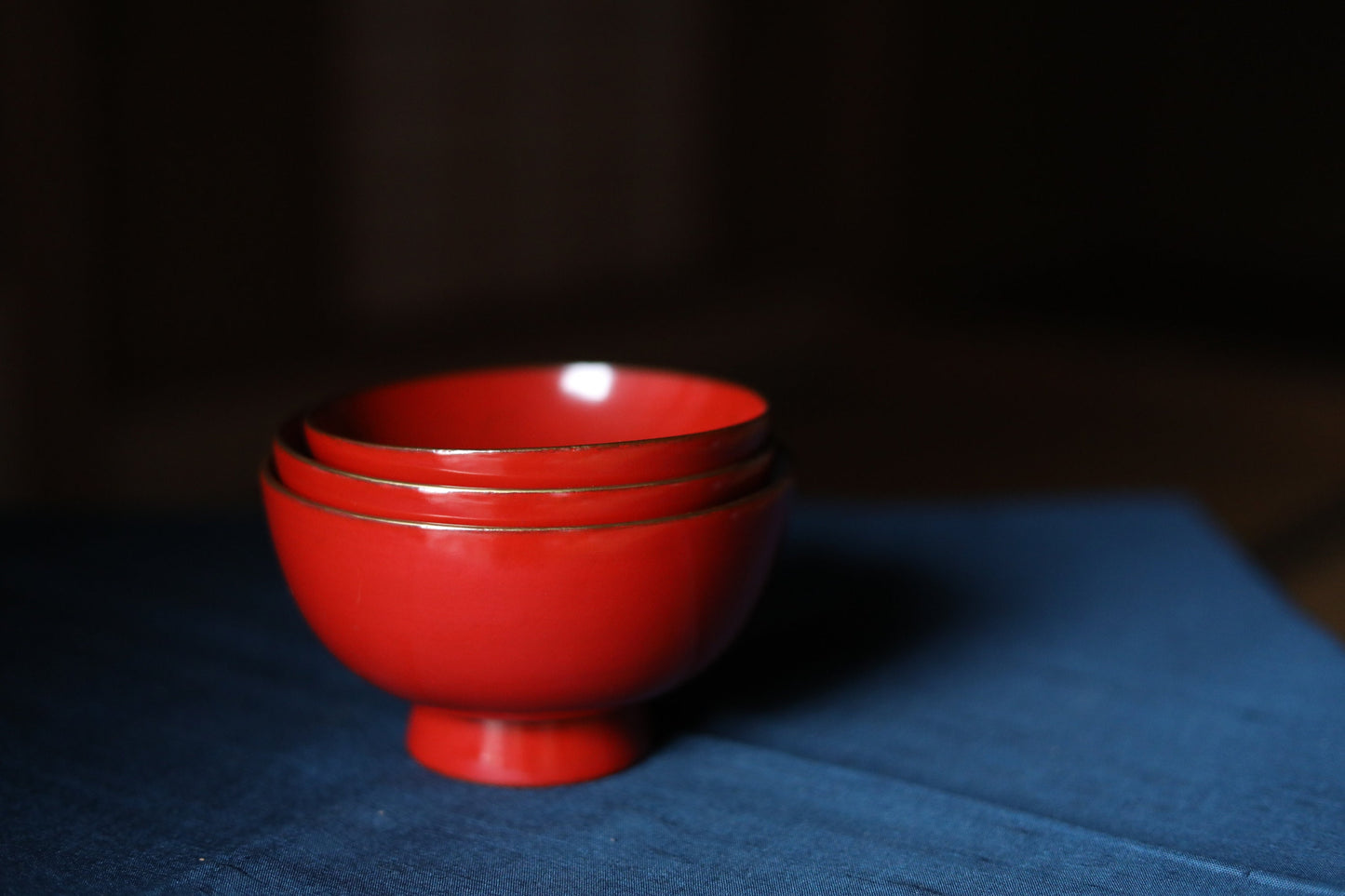 Japanese Antique urushi Red lacquer wooden nesting three bowls with Kanji 寿(congratulations) Gold, wood craft 1920s "SAKAZUKI" 5.3in/13.5cm