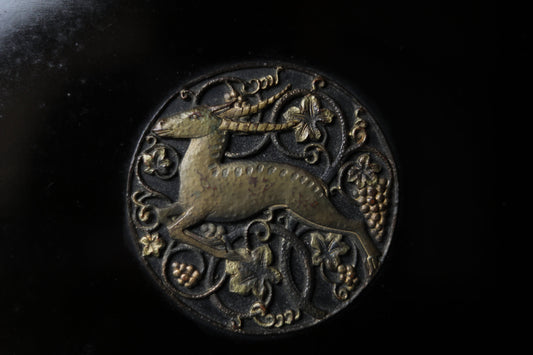 Japanese Makie Black Lacquer wooden box for letter container with a brass emblem of a goat and  grapes from Aesop's fables, W10.8×D8.7in