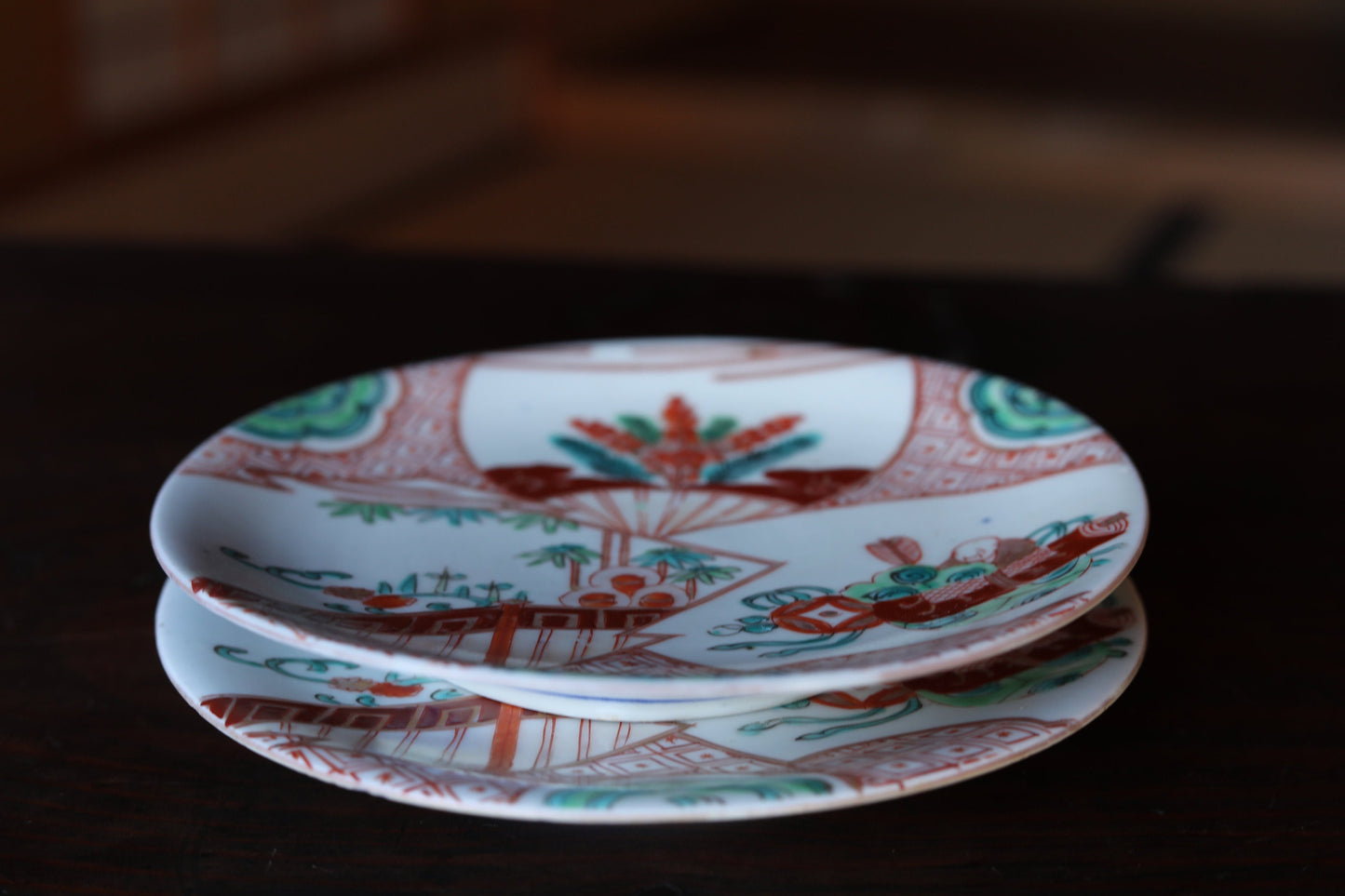 EDO craft 1800s pair of Japanese antique plate old IMARI ware porcelain dishes, beautiful Plant flowers monk pattern tableware 6.8in/17.2cm