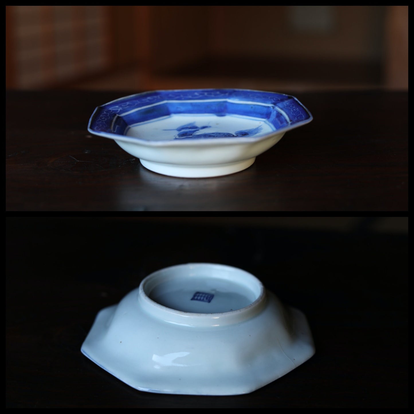 FINE! Japanese antiques fine Imari porcelain plate octagon dish Dragon Indigo Blue White qilin hand painting KOIMARI EDO craft 6.4in/16.2cm