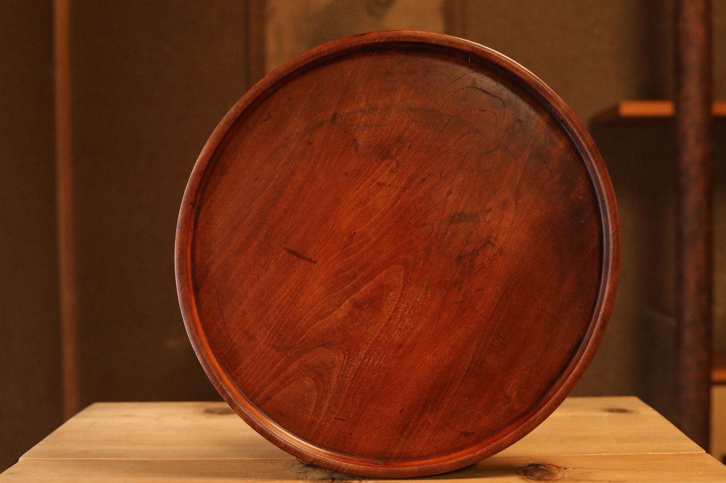 Japanese vintage furniture wooden round tray, Hollowed out from a single tree, OBON, Circular shape wood grain For Tea ceremony 13in/33cm