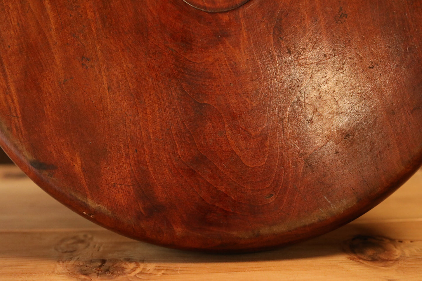 Japanese vintage furniture wooden round tray, Hollowed out from a single tree, OBON, Circular shape wood grain For Tea ceremony 13in/33cm