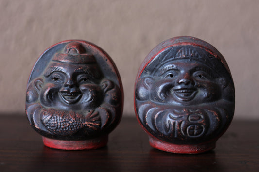 Pair of Japanese vintage "Daruma" doll statue, ceramic statue Buddhist monk priest ZEN master bank box H4.1in/H10.5cm