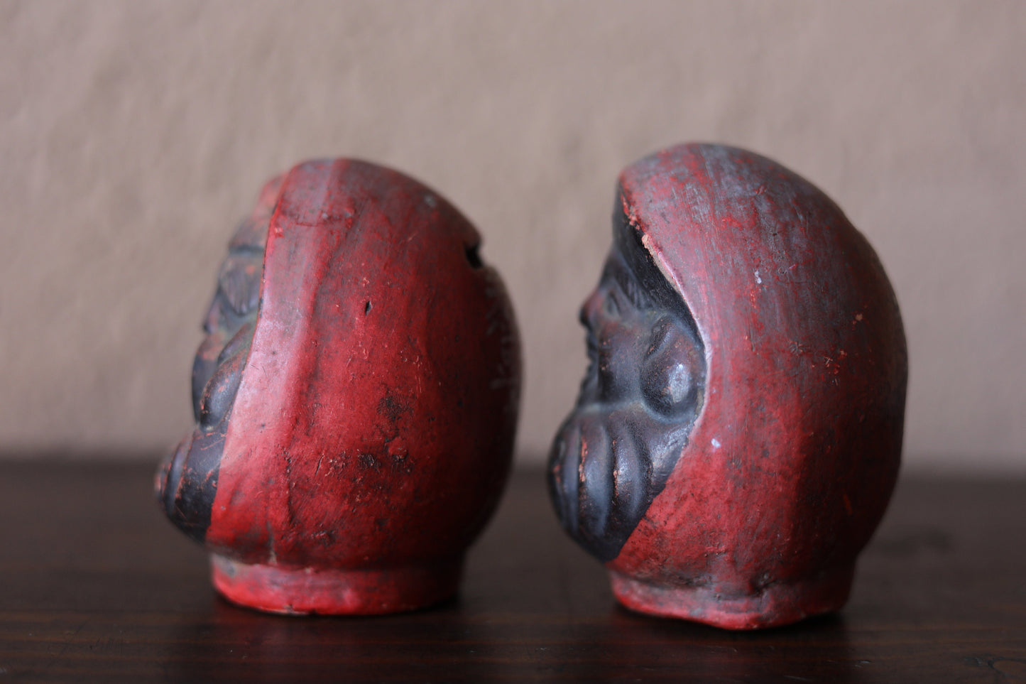 Pair of Japanese vintage "Daruma" doll statue, ceramic statue Buddhist monk priest ZEN master bank box H4.1in/H10.5cm