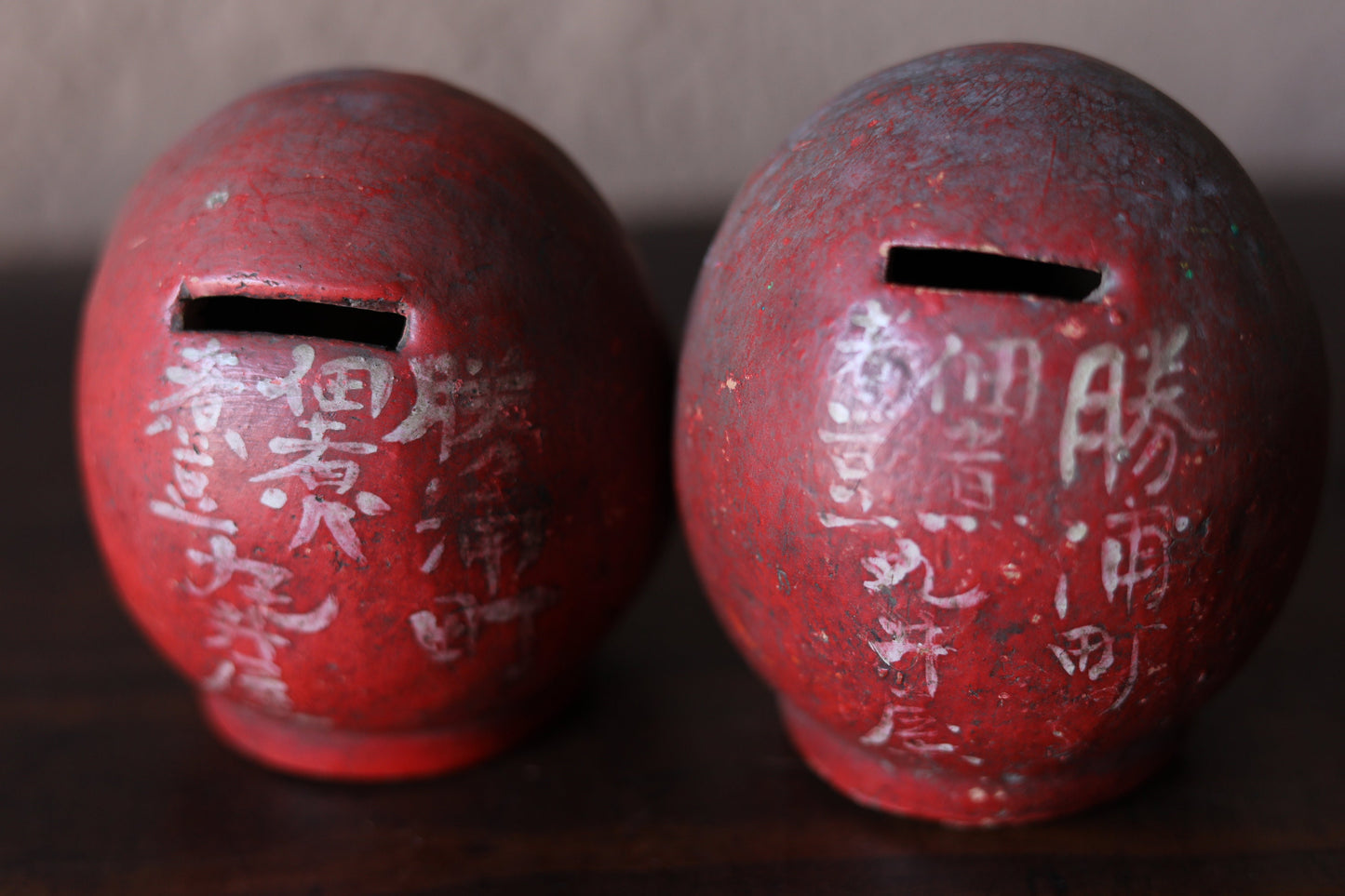 Pair of Japanese vintage "Daruma" doll statue, ceramic statue Buddhist monk priest ZEN master bank box H4.1in/H10.5cm