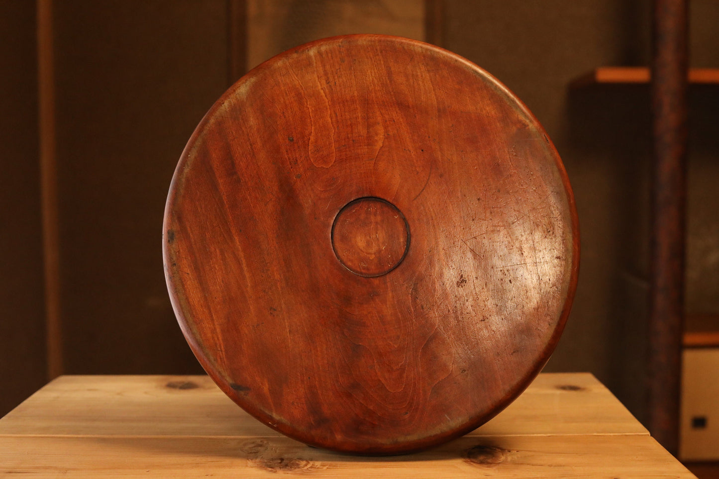Japanese vintage furniture wooden round tray, Hollowed out from a single tree, OBON, Circular shape wood grain For Tea ceremony 13in/33cm