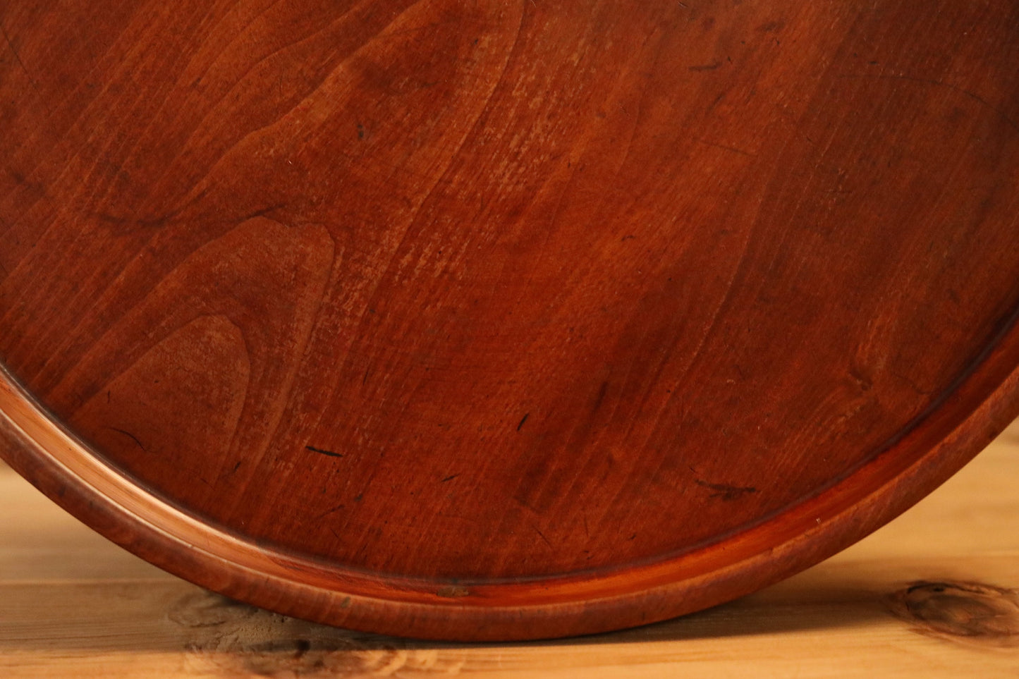 Japanese vintage furniture wooden round tray, Hollowed out from a single tree, OBON, Circular shape wood grain For Tea ceremony 13in/33cm