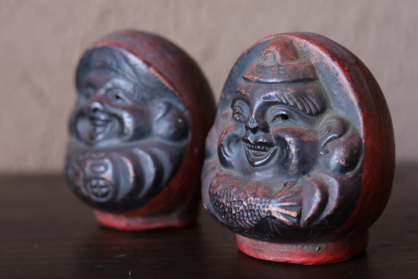 Pair of Japanese vintage "Daruma" doll statue, ceramic statue Buddhist monk priest ZEN master bank box H4.1in/H10.5cm