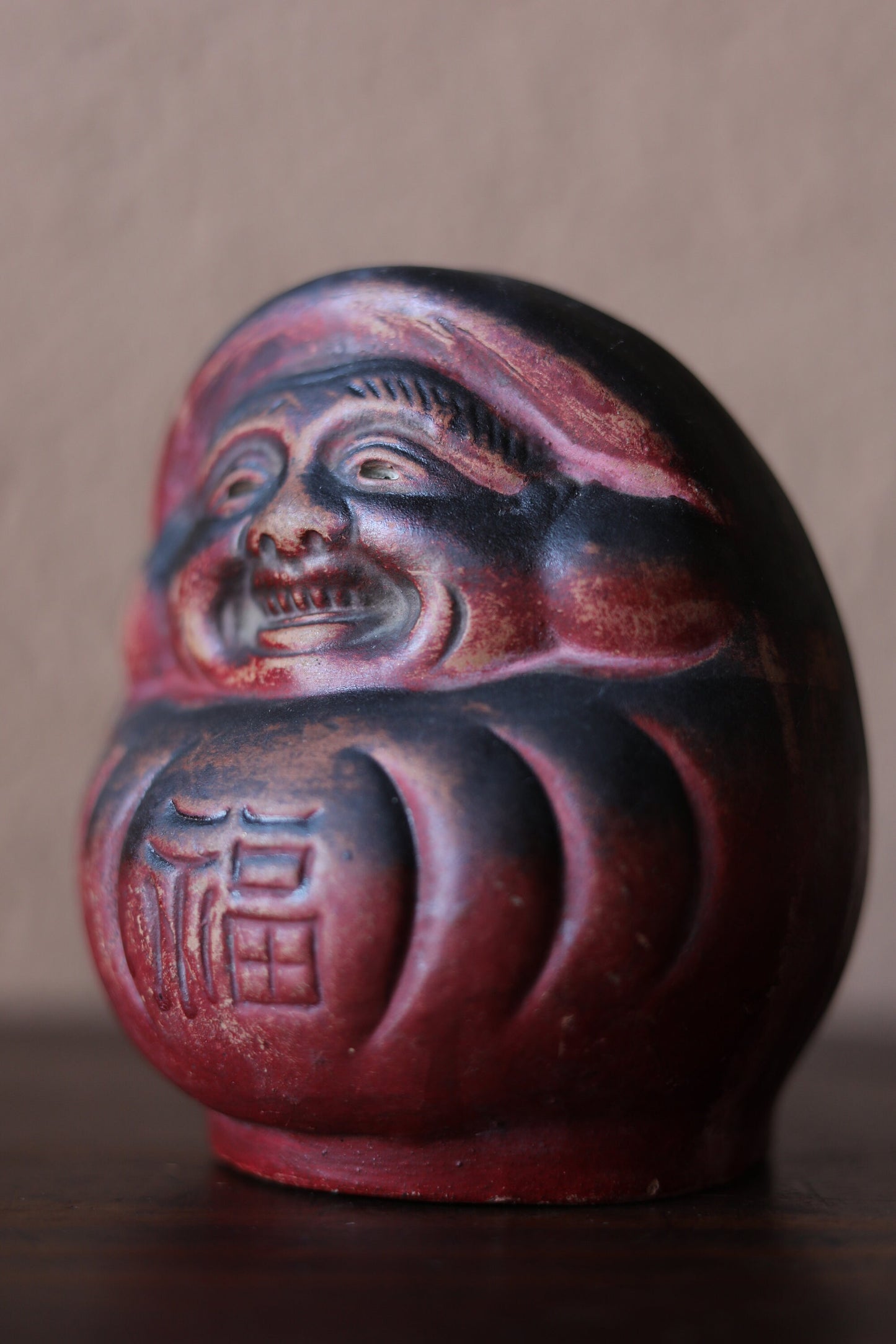 Japanese vintage "Daruma" doll statue with Kanji Happy福, ceramic savings box Buddhist monk priest ZEN master,H4.9in/H12.5cm