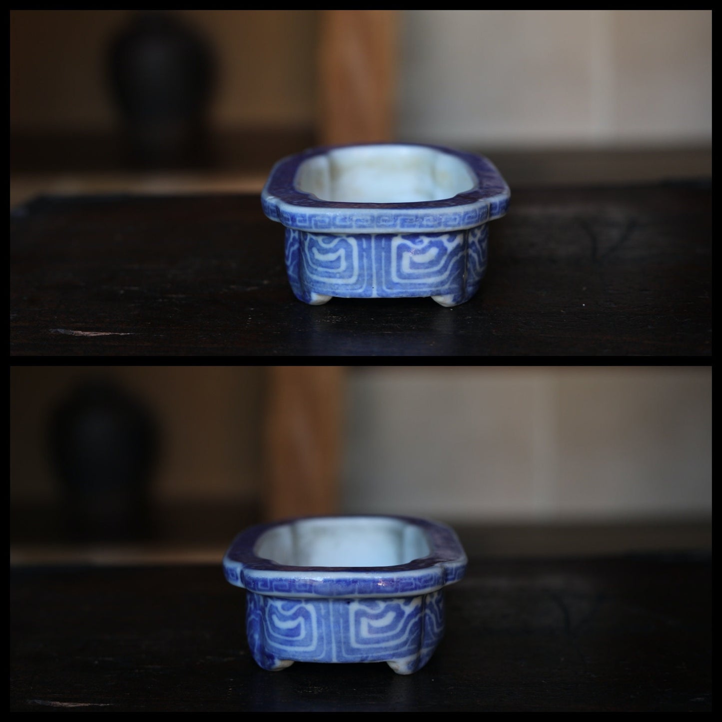 Japanese Antique IKEBANA ceramic vase SUIBAN Blue & White arabesque design porcelain basin Tea ceremony 1920s W7.1in/W18cm