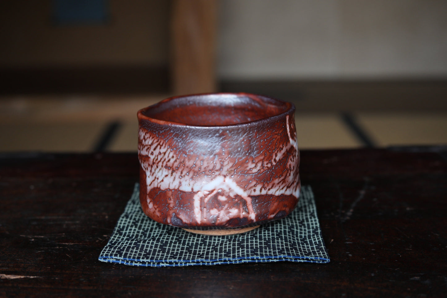 Fine green tea bowl Japanese antique CHAWAN "SHINO" ware handmade Matcha Tea Cup Tea Ceremony ceramic with Wood box signature W4.5in/11.5cm