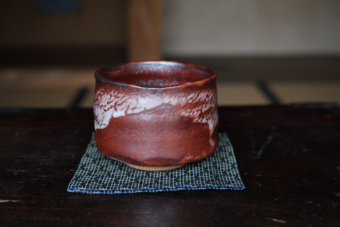 Fine green tea bowl Japanese antique CHAWAN "SHINO" ware handmade Matcha Tea Cup Tea Ceremony ceramic with Wood box signature W4.5in/11.5cm
