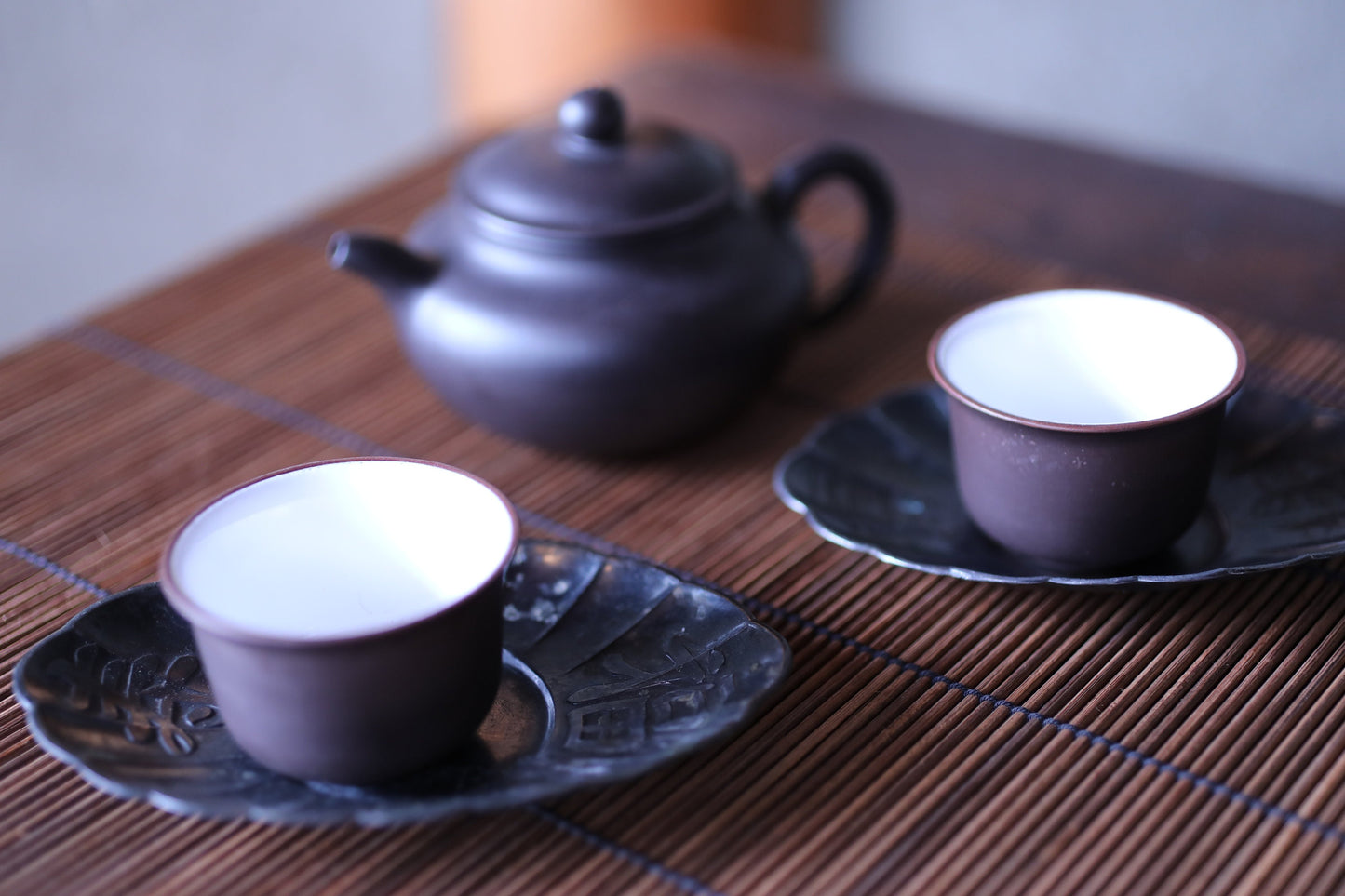 Japanese Antique bronze saucers set of five 1930s CHATAKU with Kanji calligraphy Happiness Tea ceremony coasters metal craft 4.7in/12cm