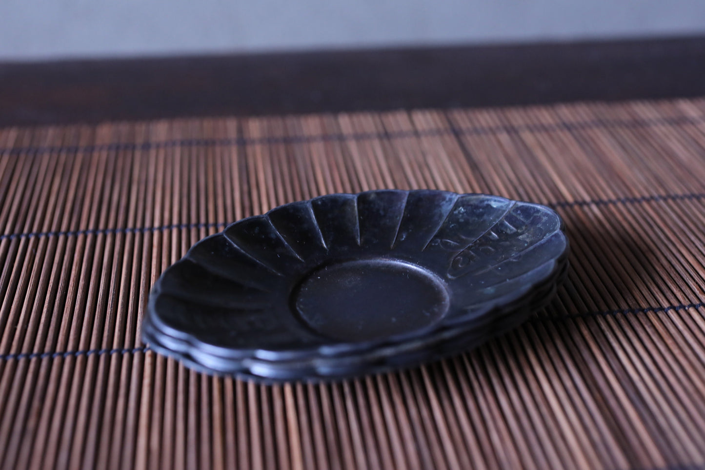 Japanese Antique bronze saucers set of five 1930s CHATAKU with Kanji calligraphy Happiness Tea ceremony coasters metal craft 4.7in/12cm