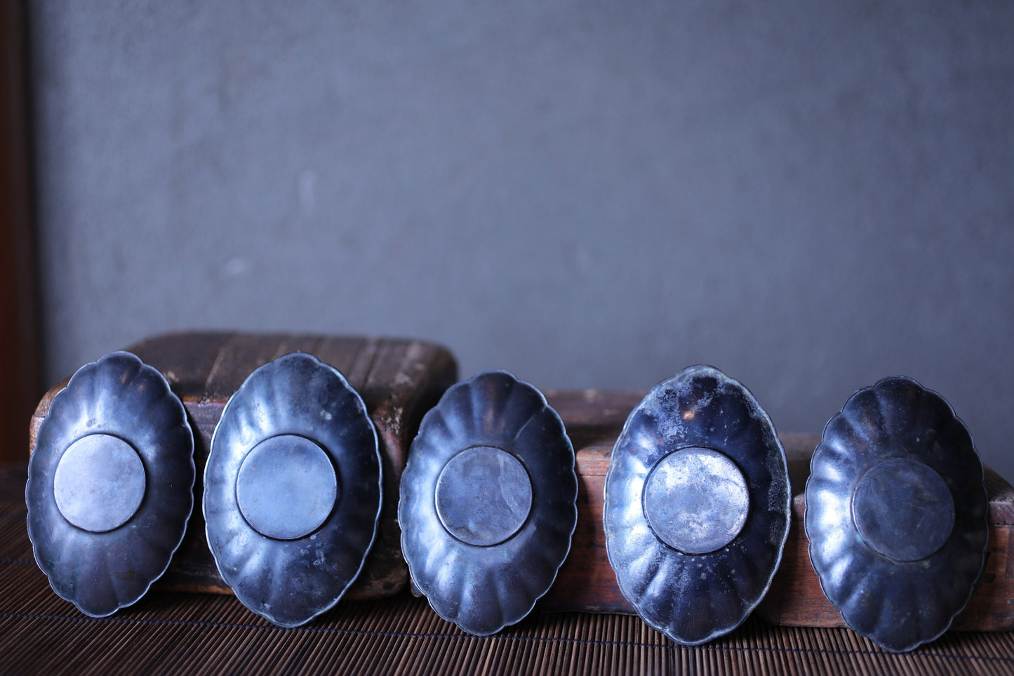 Japanese Antique bronze saucers set of five 1930s CHATAKU with Kanji calligraphy Happiness Tea ceremony coasters metal craft 4.7in/12cm