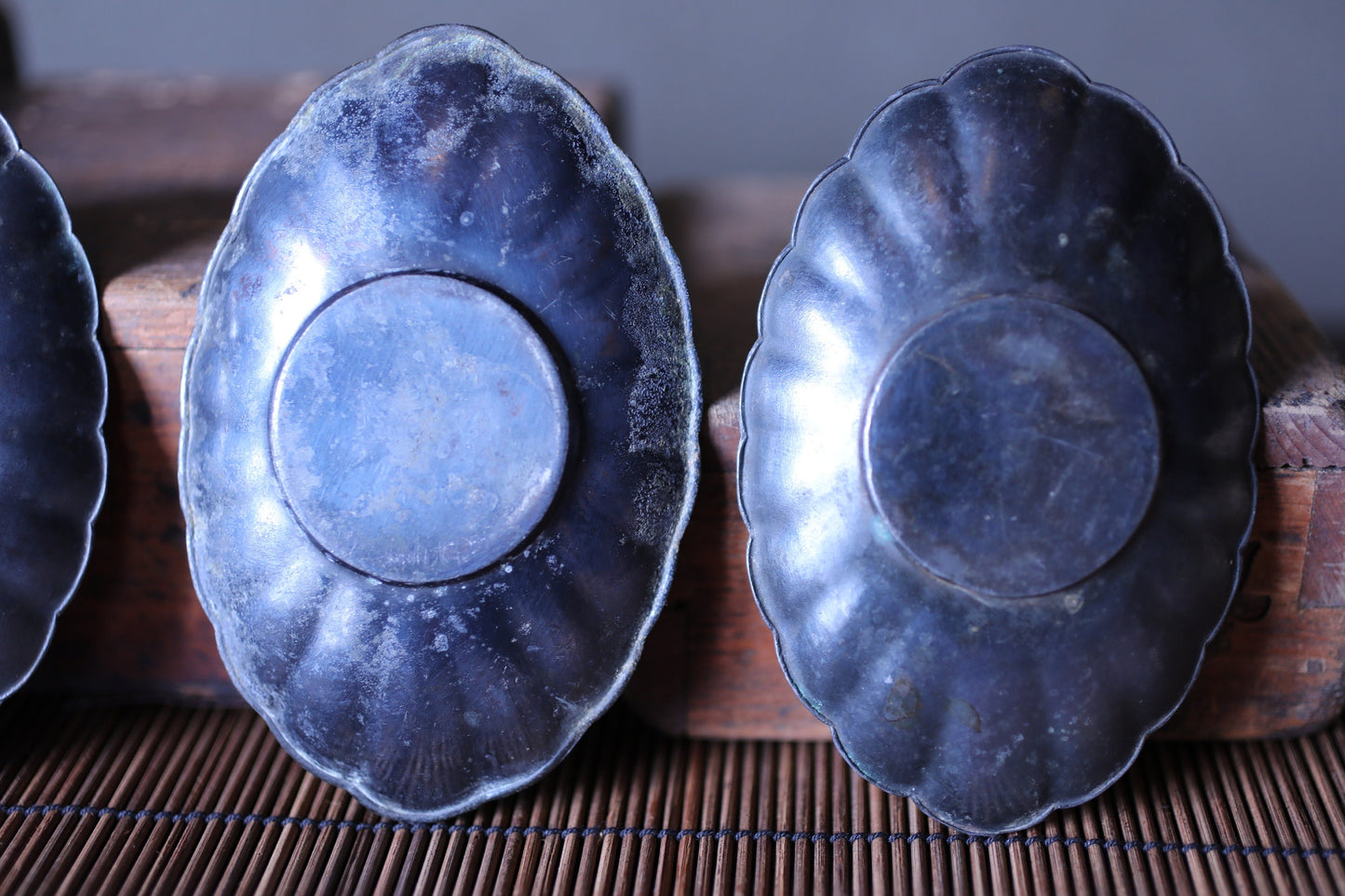 Japanese Antique bronze saucers set of five 1930s CHATAKU with Kanji calligraphy Happiness Tea ceremony coasters metal craft 4.7in/12cm
