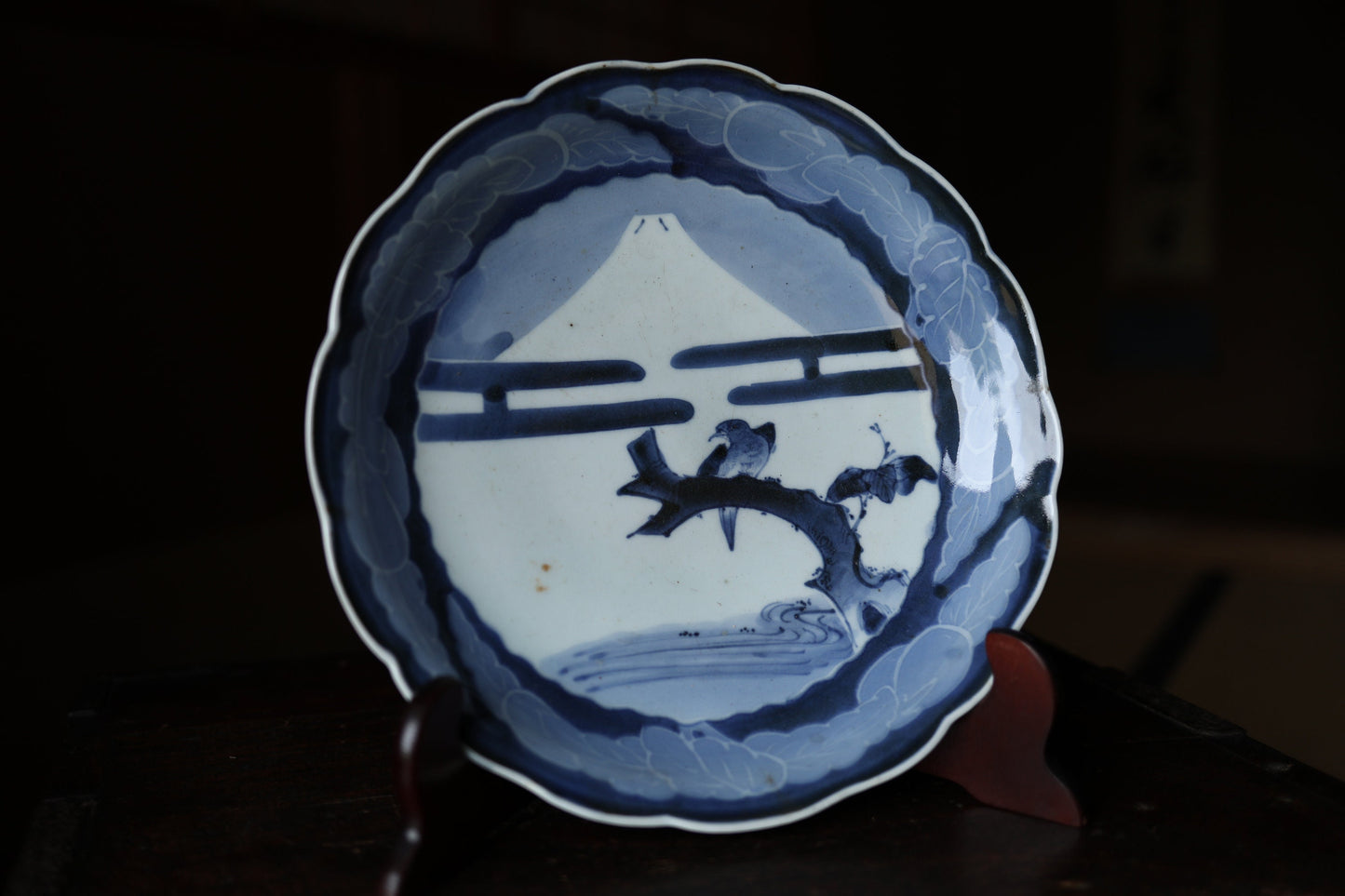 Japanese antique porcelain plate indigo Blue hand painting of Mt.Fuji and birds Authentic platter big dish KOIMARI edo 1800s 11.4in/29cm