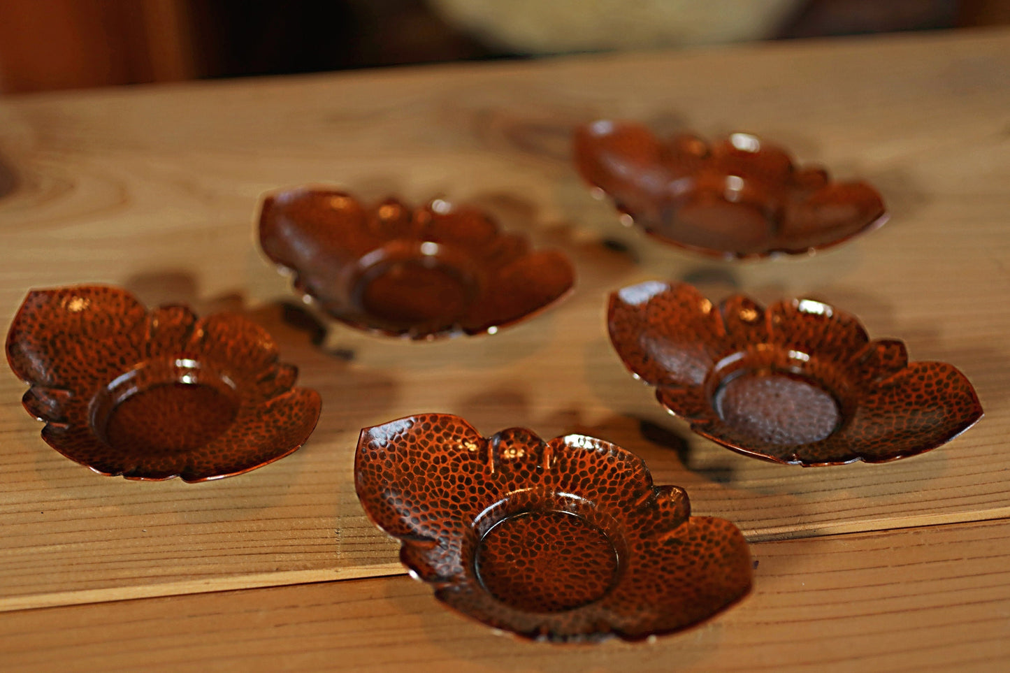 FINE! Japanese bronze copper cup holder saucers set 5 five CHATAKU with Flower design Sencha hand metal craft Tea coasters 4.7×3.1in/12×8cm