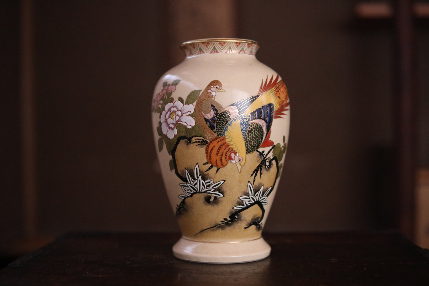 Japanese vintage SATSUMA ware porcelain vase flower with A couple of pheasants hand painting kiln ceramic craft H9.8×6.3in/H25×16cm