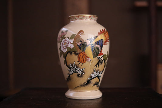 Japanese vintage SATSUMA ware porcelain vase flower with A couple of pheasants hand painting kiln ceramic craft H9.8×6.3in/H25×16cm