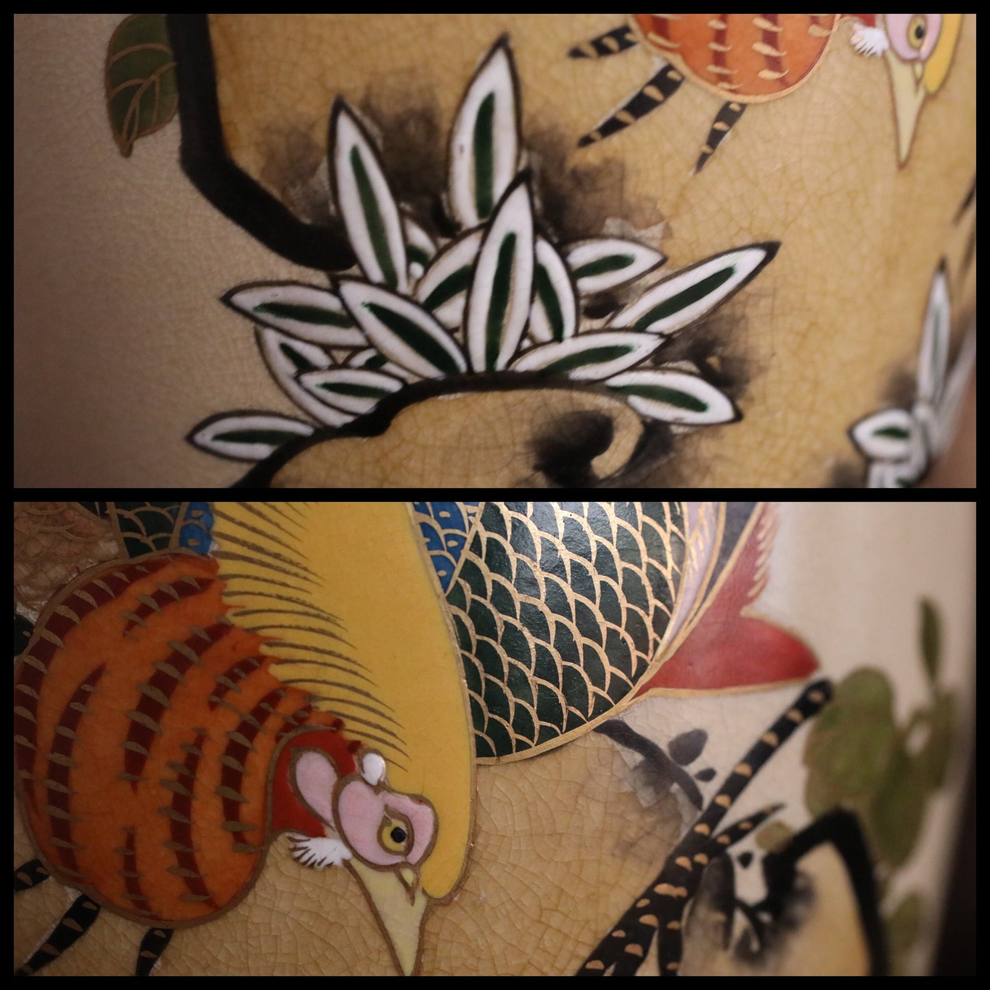 Japanese vintage SATSUMA ware porcelain vase flower with A couple of pheasants hand painting kiln ceramic craft H9.8×6.3in/H25×16cm