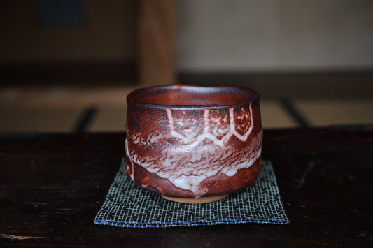 Fine green tea bowl Japanese antique CHAWAN "SHINO" ware handmade Matcha Tea Cup Tea Ceremony ceramic with Wood box signature W4.5in/11.5cm