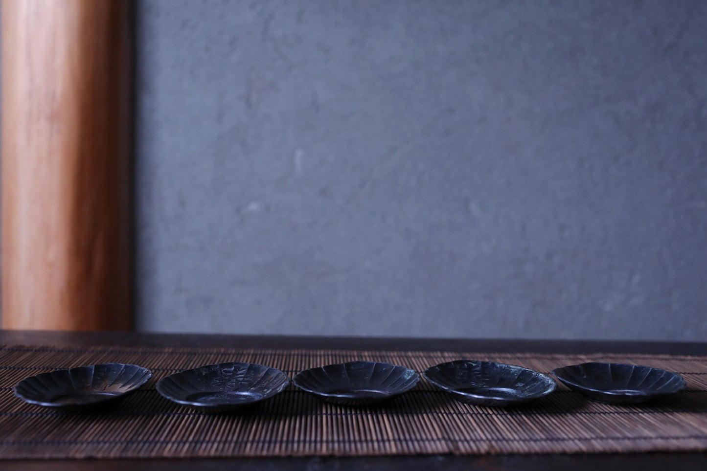 Japanese Antique bronze saucers set of five 1930s CHATAKU with Kanji calligraphy Happiness Tea ceremony coasters metal craft 4.7in/12cm