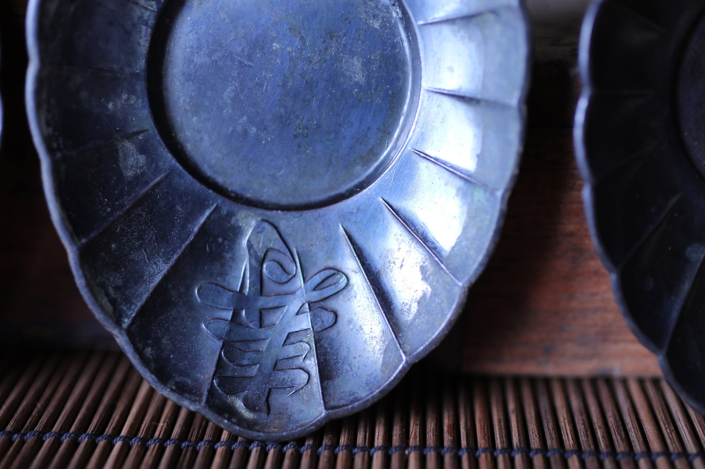 Japanese Antique bronze saucers set of five 1930s CHATAKU with Kanji calligraphy Happiness Tea ceremony coasters metal craft 4.7in/12cm
