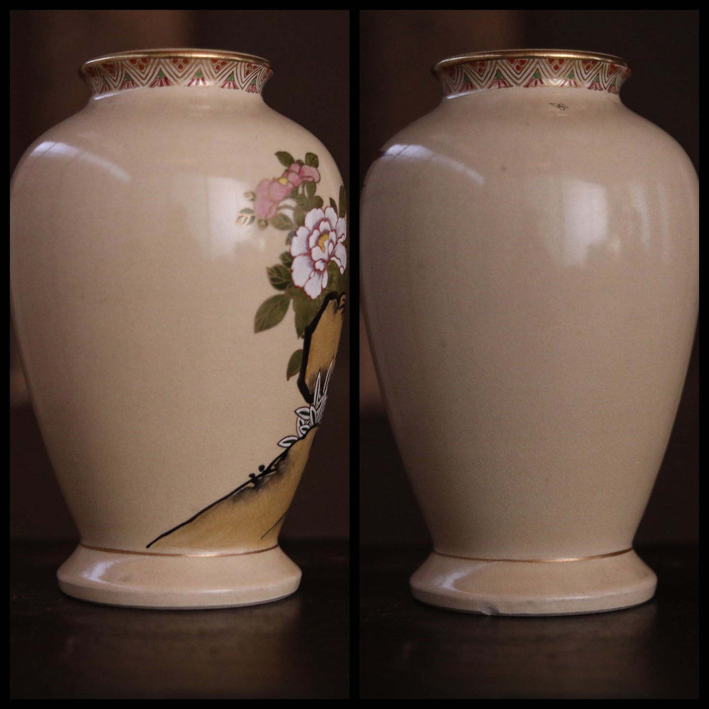 Japanese vintage SATSUMA ware porcelain vase flower with A couple of pheasants hand painting kiln ceramic craft H9.8×6.3in/H25×16cm
