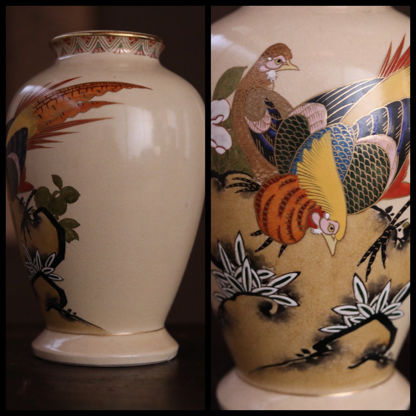 Japanese vintage SATSUMA ware porcelain vase flower with A couple of pheasants hand painting kiln ceramic craft H9.8×6.3in/H25×16cm