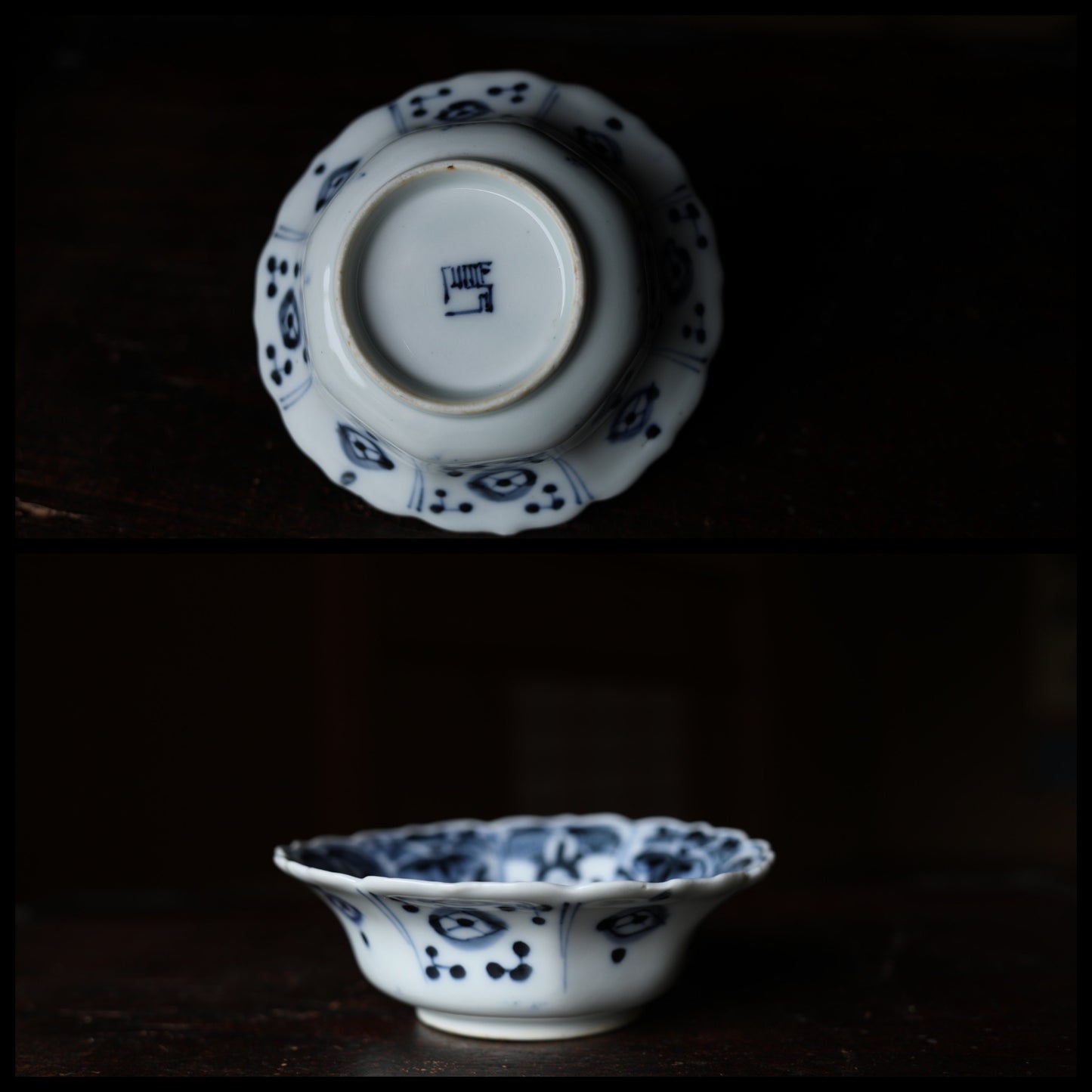 Japanese antique 1910s IMARI set of three 3 bowls porcelain kiln craft hand paint Indigo Blue White plate vessel Sometsuke silver repaired