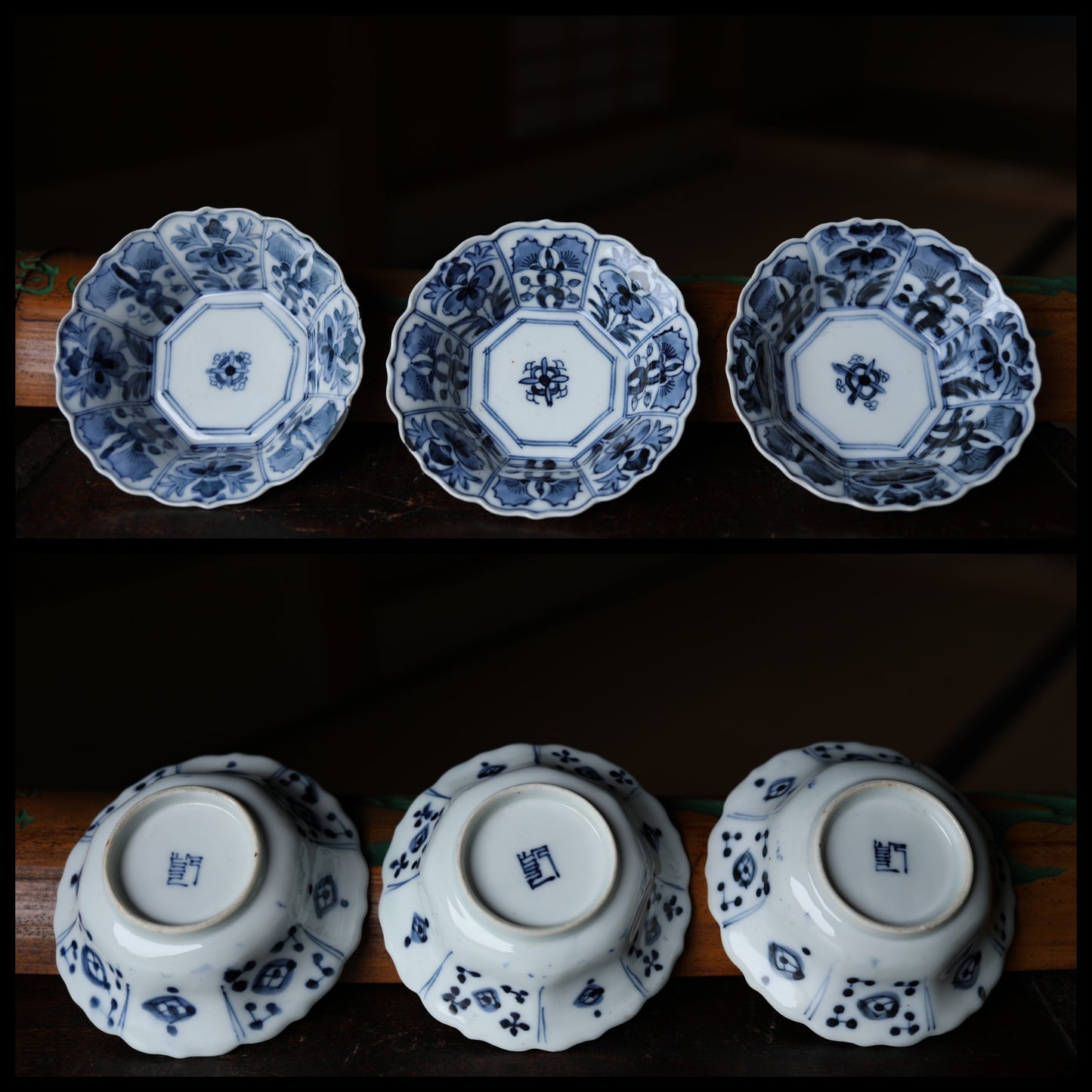Japanese antique 1910s IMARI set of three 3 bowls porcelain kiln craft hand paint Indigo Blue White plate vessel Sometsuke silver repaired