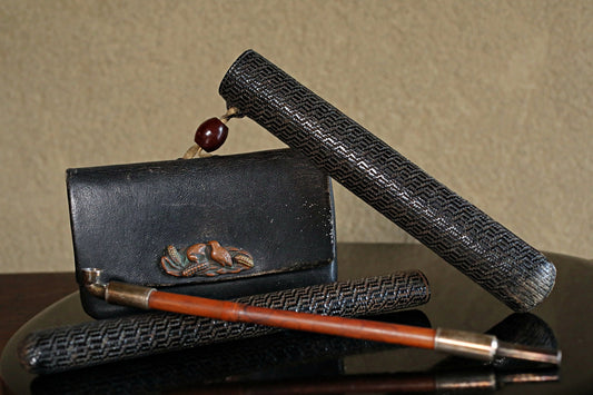 Japanese antique smoking STERLING SILVER pipe set with case and leather tobacco bag Netsuke stone 1910s 8in/20.4cm birds metal craft