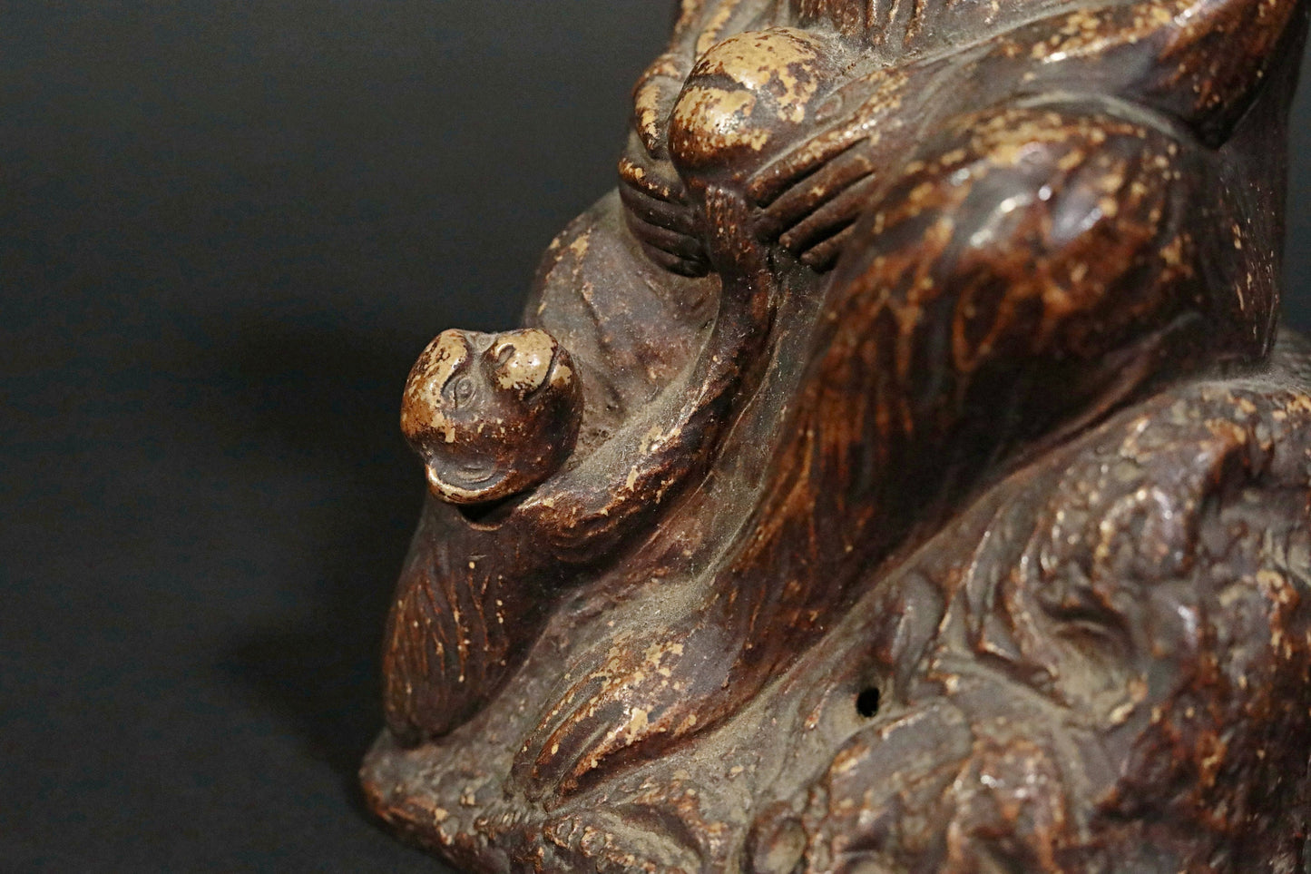Japanese antique BIZEN Monkey doll statue with Kanji signature, animal ornament cool ceramic statue art hand craft 1930s H9.1in/H23cm