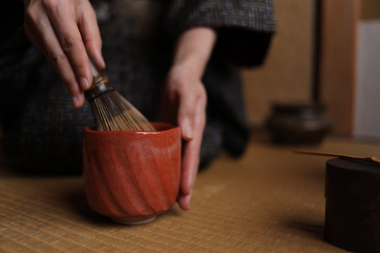 Fine green tea bowl Japanese antique CHAWAN Red raku "AKA-RAKU" Kanji signature handmade Matcha Tea Cup Tea Ceremony pottery with